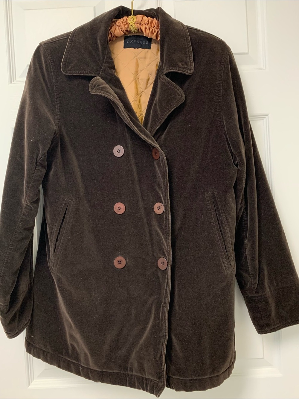 Y2K Express Brown Velvet Double-Breasted Pea Coat